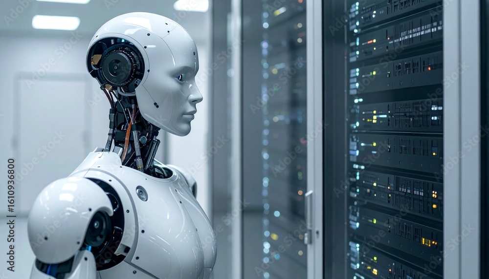 Poster a humanoid robot analyzes server racks in a data center, representing technology and artificial inte