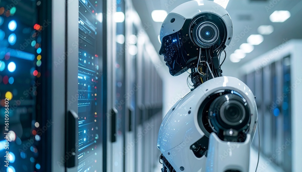 Poster a futuristic robot observes in a high-tech data center, contemplating complex information