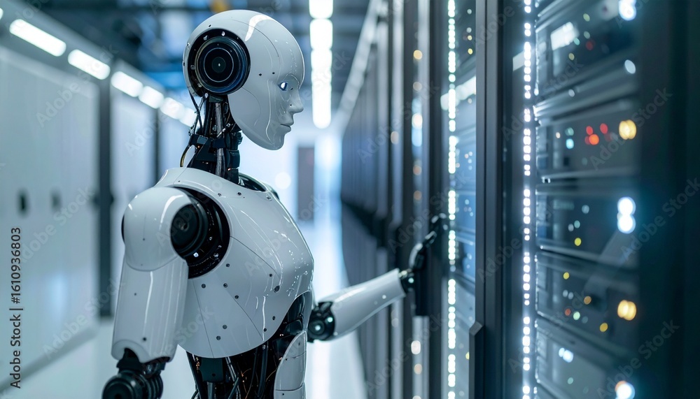 Poster a futuristic robot examining the digital data in the server room. the robot stands in a futuristic s