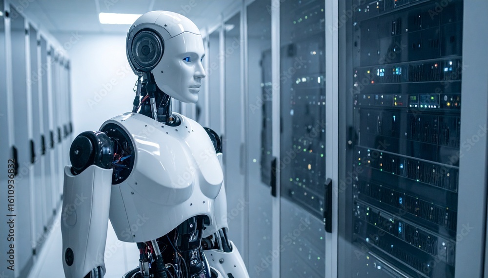 Poster a futuristic robot inspecting data center servers in a high-tech setting. the robot, with its sleek 