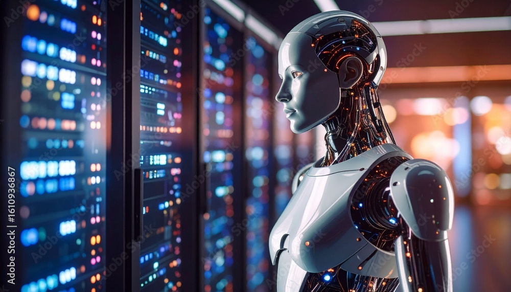 Poster a futuristic robotic woman observing data servers in a high-tech data center. the image captures a s