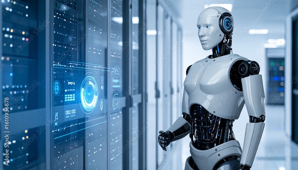 Aufkleber a futuristic robot standing in a server room, ai, data concept. the robot is interacting with techno