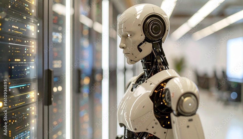Poster a modern robot examines a data server rack