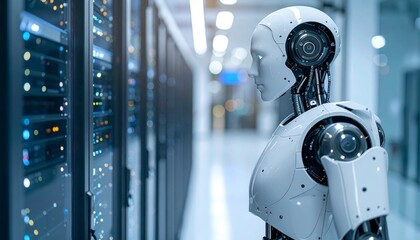 A humanoid robot inspects a server room, representing AI and technology