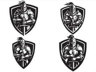 Obraz premium Medieval Knight in Armor with Sword - Black and White Vector Line Art Emblem