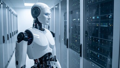 A futuristic robot inspecting data center servers in a high-tech setting. The robot, with its sleek design, reflects on its environment