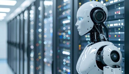 A futuristic robot observing a server room with data center. The robot is human-like in appearance and showcases the intersection of artificial intelligence and technological infrastructure