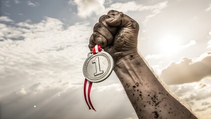 A dirt-covered hand triumphantly holds a silver medal with the number "1" against a backdrop of a cloudy sky with sunlight breaking through.