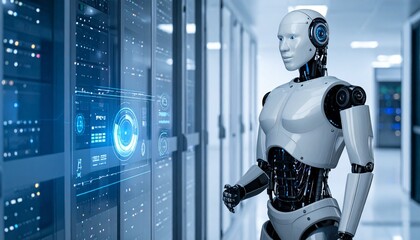 A futuristic robot standing in a server room, AI, data concept. The robot is interacting with technology, artificial intelligence, data, information, innovation