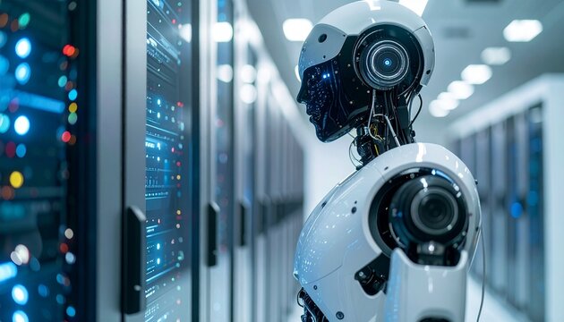 A futuristic robot observes in a high-tech data center, contemplating complex information 