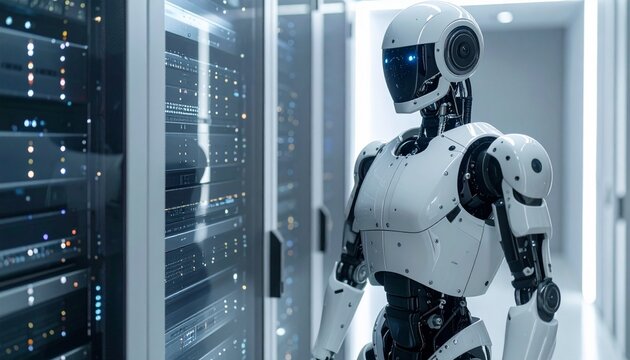 A robot inspects servers, a modern technological scene - Powered by Adobe