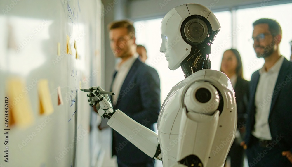 Poster a robot collaborating with a team to create new business solutions, futuristic technology. a sleek, 