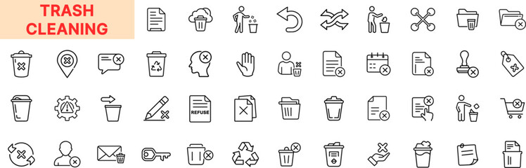 Trash Cleaning Outline Icon Set Featuring Trash Bin, Delete Mark, File Removal, Recycle Symbol, Waste Disposal, Document Rejection, Cleanup Tools, Eraser, and Declutter Elements Icon Design