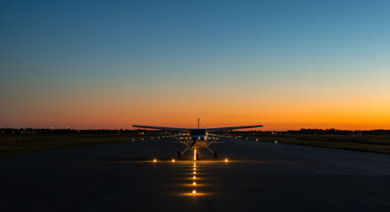 Plane awaits twilight departure on illuminated runway