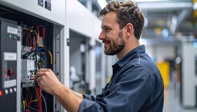 A smiling engineer working on an electrical panel, focused and attentive to the task at hand