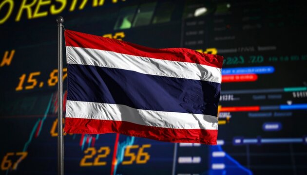 The Thailand flag waves proudly against a backdrop of financial data, symbolizing economic activity and national identity.