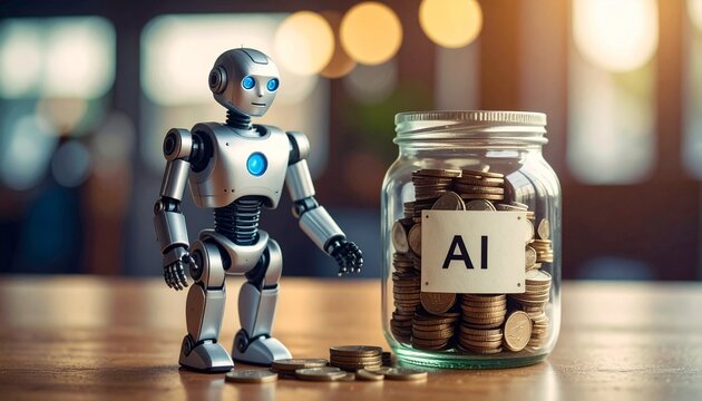 A robot stands next to a jar of coins representing artificial intelligence and future investments. - Powered by Adobe
