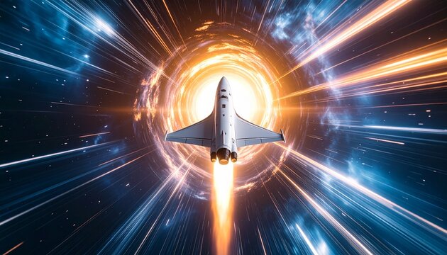 A spacecraft traveling through a vibrant wormhole, exploring the cosmos