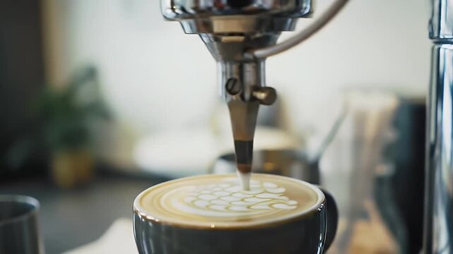 Slow-motion macro shot of a robotic hand creating heart-shaped latte art, symbolizing automation and precision in the coffee industry. 4K