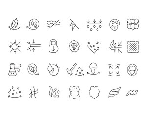 Fototapeta premium Set of outline icons related to fabric features. Linear icon collection