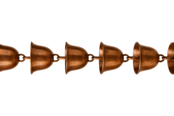 Decorative copper rain chain with linked bell-shaped cups on a transparent background
