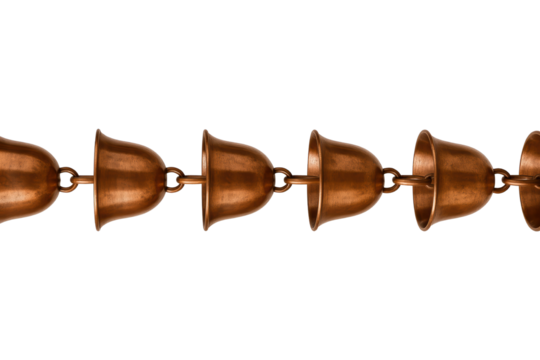 Decorative copper rain chain with linked bell-shaped cups on a transparent background