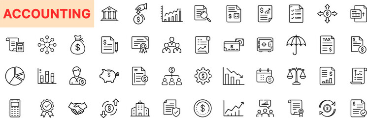 Accounting and Finance Outline Icon Set Featuring Tax Document, Dollar Coin, Bar Chart, Calculator, Bank, Report, Invoice, Piggy Bank, Money Bag, Graph, and Balance Scale Elements Icon Design