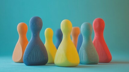 Colorful wooden figures arranged in a group on a teal background, representing diversity and teamwork.