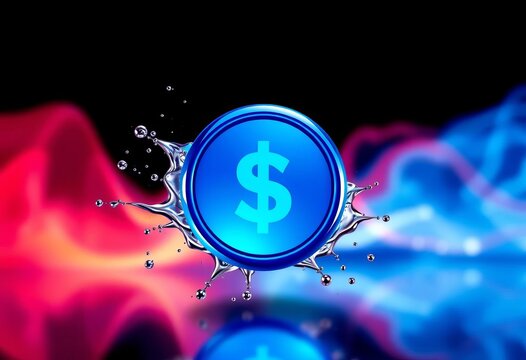 Blue circle button with dollar sign splash graphic, financial theme, wave, splash