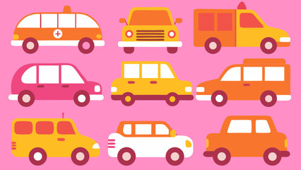 Collection of Cute Retro Cartoon Vehicles:  Ambulance, Van, Car, and Bus Illustrations in Flat Style.