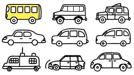 Fototapeta premium Simple Line Art Vehicles: Cartoon Bus, Car, Van, and SUV Illustrations; Childlike, Playful Style.