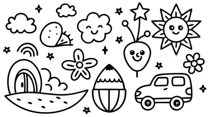 Fototapeta premium Whimsical Black and White Doodle Illustration: Happy Sun, Flowers, Car, and Clouds; Childlike, Playful Mood, Coloring Book Style