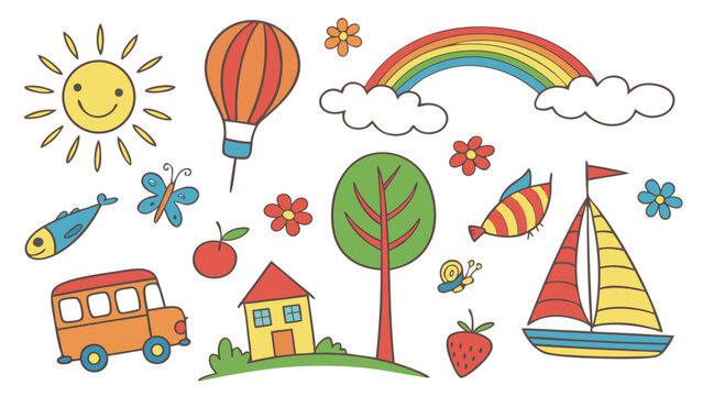 Cheerful Childlike Hand-Drawn Illustrations:  Rainbow, Sun, Hot Air Balloon, School Bus, House, and More.