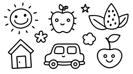 Fototapeta premium Happy Childlike Doodle Set: Sun, House, Car, Apple, Strawberry, Cherry, Flowers; Black and White Line Art; Playful, Whimsical Mood.