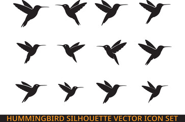 Hummingbird Flying Silhouette Vector Icon Set, Elegant Bird in Flight Minimal Black Design., Hummingbird symbol illustration set.