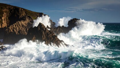 Powerful waves crashing against rocky coastline