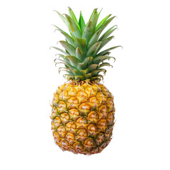 Single pineapple, vibrant yellow-gold skin, bright green leaves, isolated black background