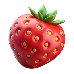 Obraz premium A 3D shiny red strawberry with green leaves and yellow seeds isolated on transparent background