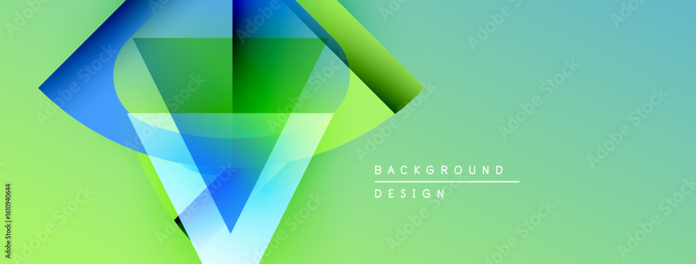 Poster abstract geometric shapes blend vibrant greens, blues. gradient colors create dynamic visual effect.