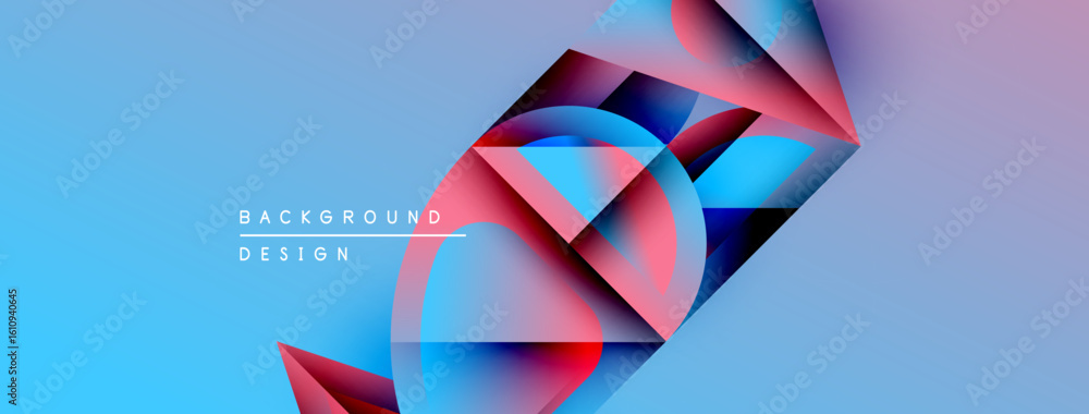Poster abstract geometric shapes overlap, creating vibrant blue, red gradients. background features text ba