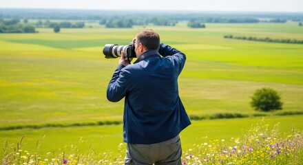Photographer with Telephoto Lens Framing a Vast, Verdant Landscape from a Hilltop