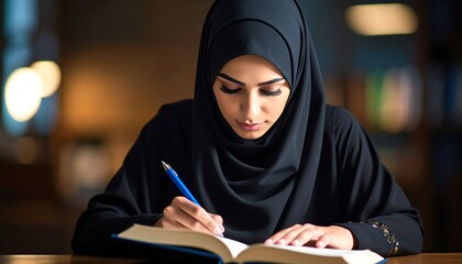 Woman in hijab intently studying, writing in a book at a dimly lit desk