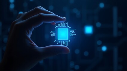 Hand holding glowing blue AI chip against circuit board background, tech innovation concept