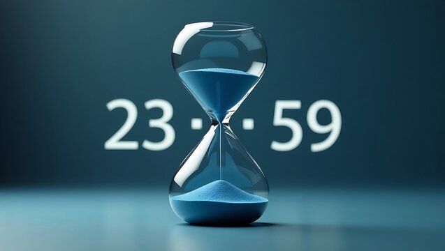 Hourglass with blue sand falling onto digital clock showing 23:59