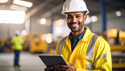 Smiling man in hard hat and yellow work jacket holds tablet in industrial setting