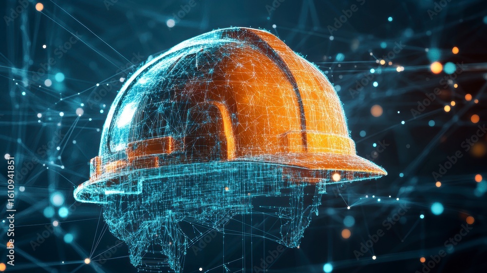 Poster digital rendering of a construction hard hat, wireframe style, on a dark background with network con