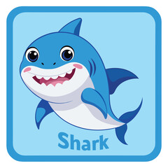 A cute, smiling shark cartoon with sharp teeth swims underwater in the ocean