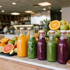 Freshly squeezed juices of various colors in glass bottles