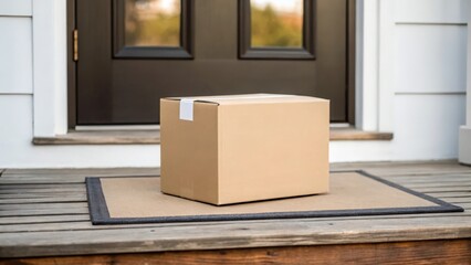 Parcel box with delivery label on wooden doorstep — contactless shipping symbol
