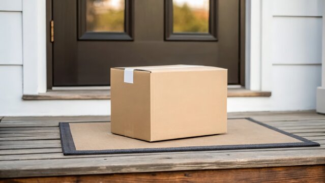 Parcel box with delivery label on wooden doorstep — contactless shipping symbol
